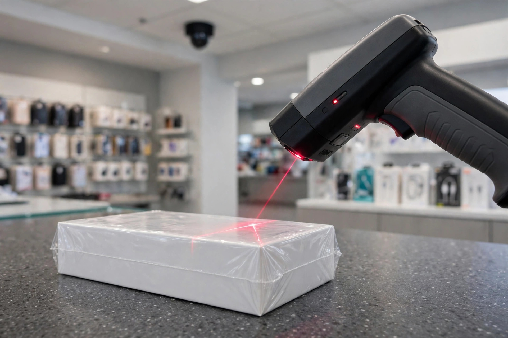A sealed smartphone box on a store counter being scanned by a handheld inspection device