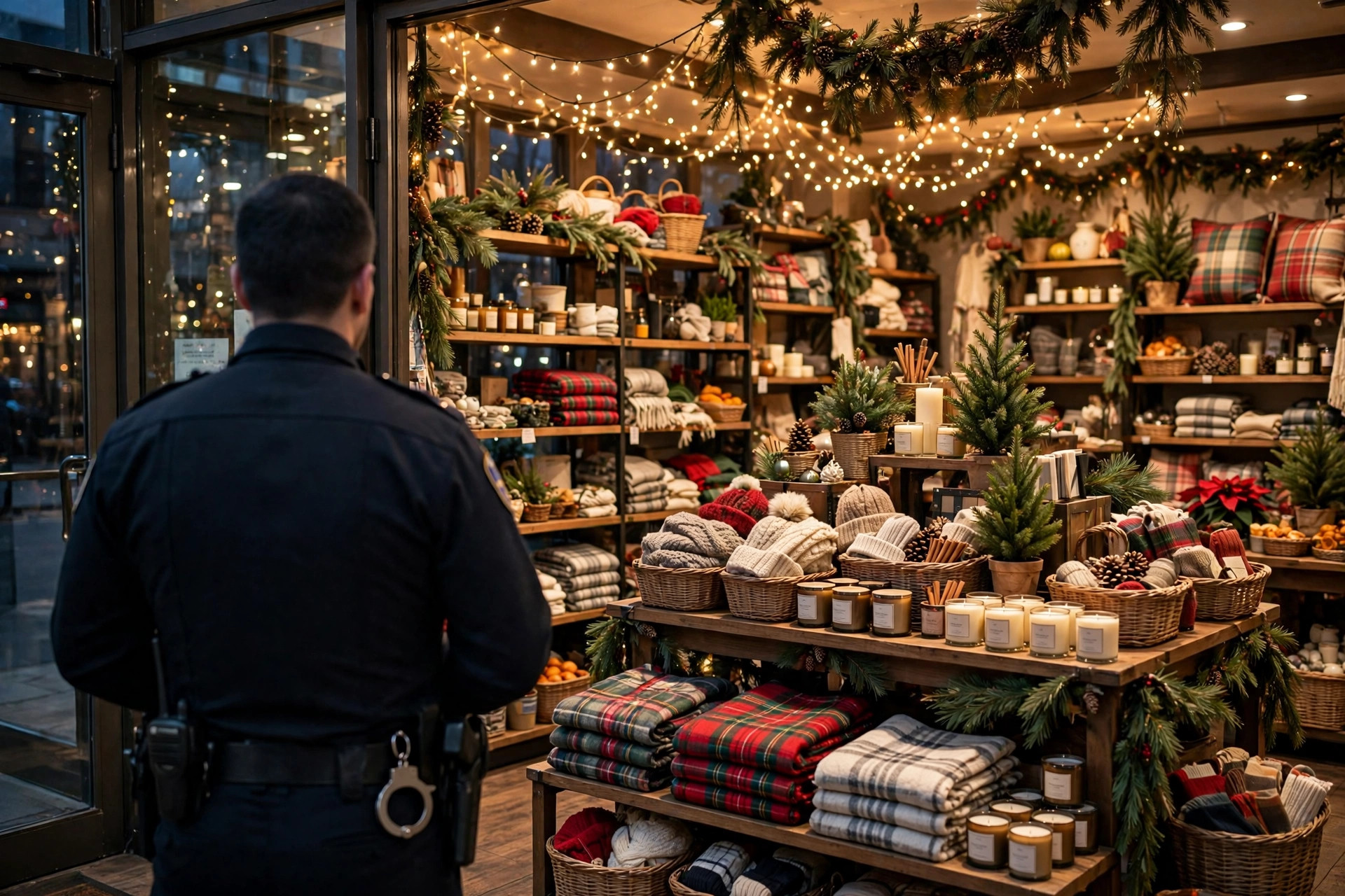 A security officer standing near the entrance of a holiday-decorated retail store