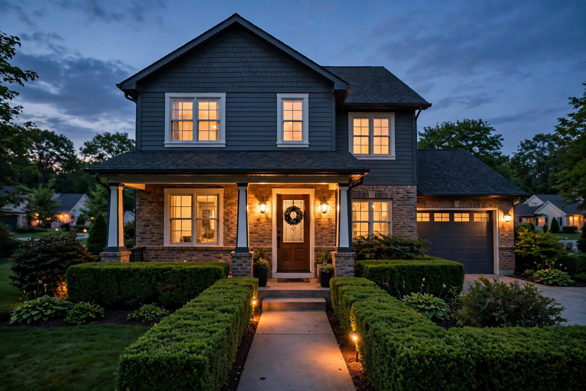 A suburban home at dusk with warm porch lights glowing and trimmed hedges