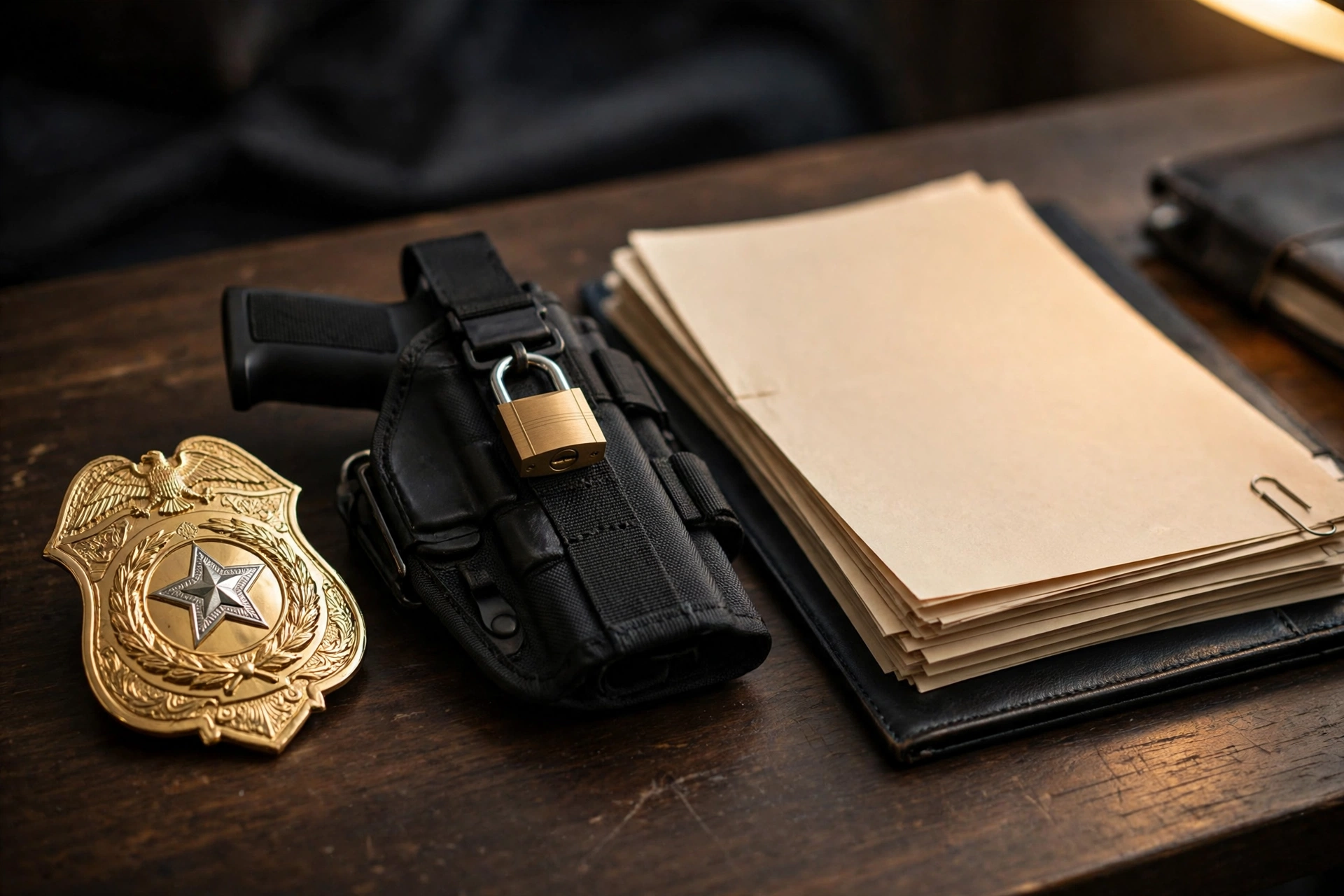 Security badge, holstered firearm with a lock, and licensing documents on a desk — concept image for Florida armed security licensing