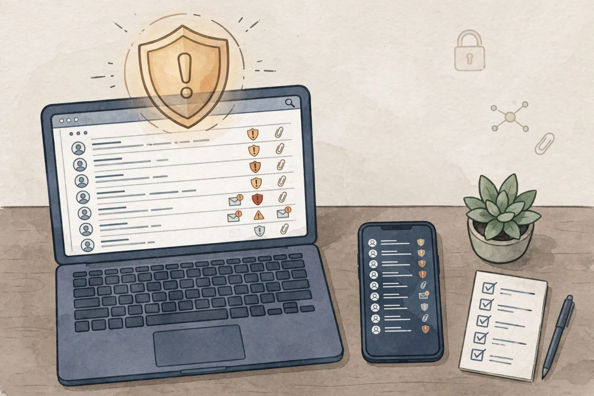 Laptop showing a suspicious email with a warning shield, illustrating a phishing message check