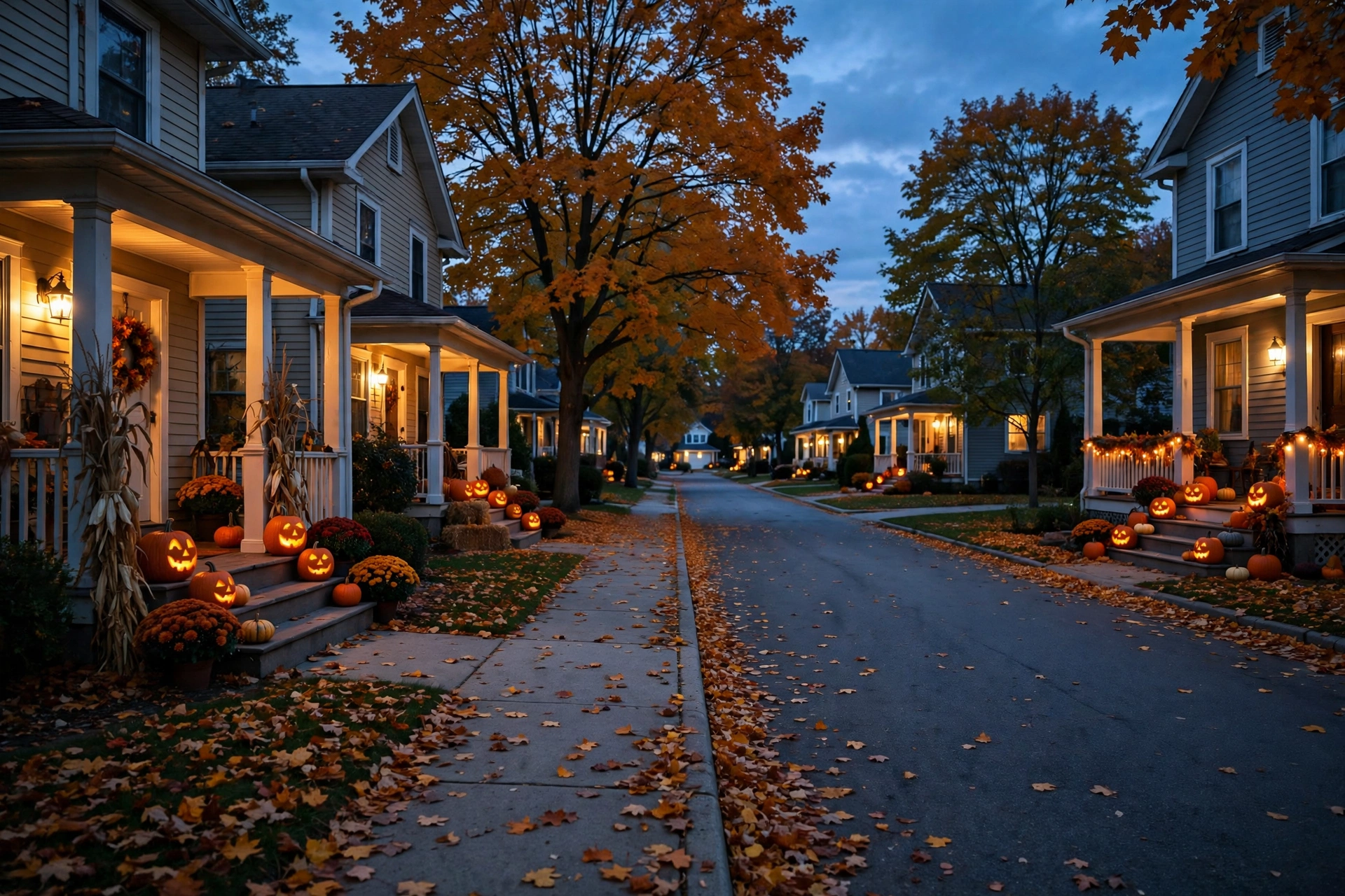 A suburban street at dusk with glowing jack-o-lanterns on porches, illustrating Halloween night safety