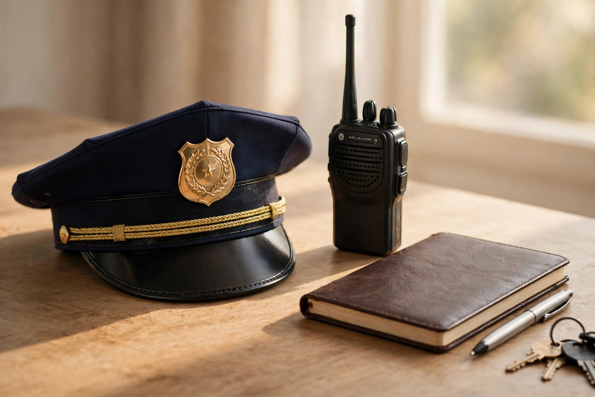 A security officer desk with a cap, two-way radio, notebook and pen, ready for a new shift