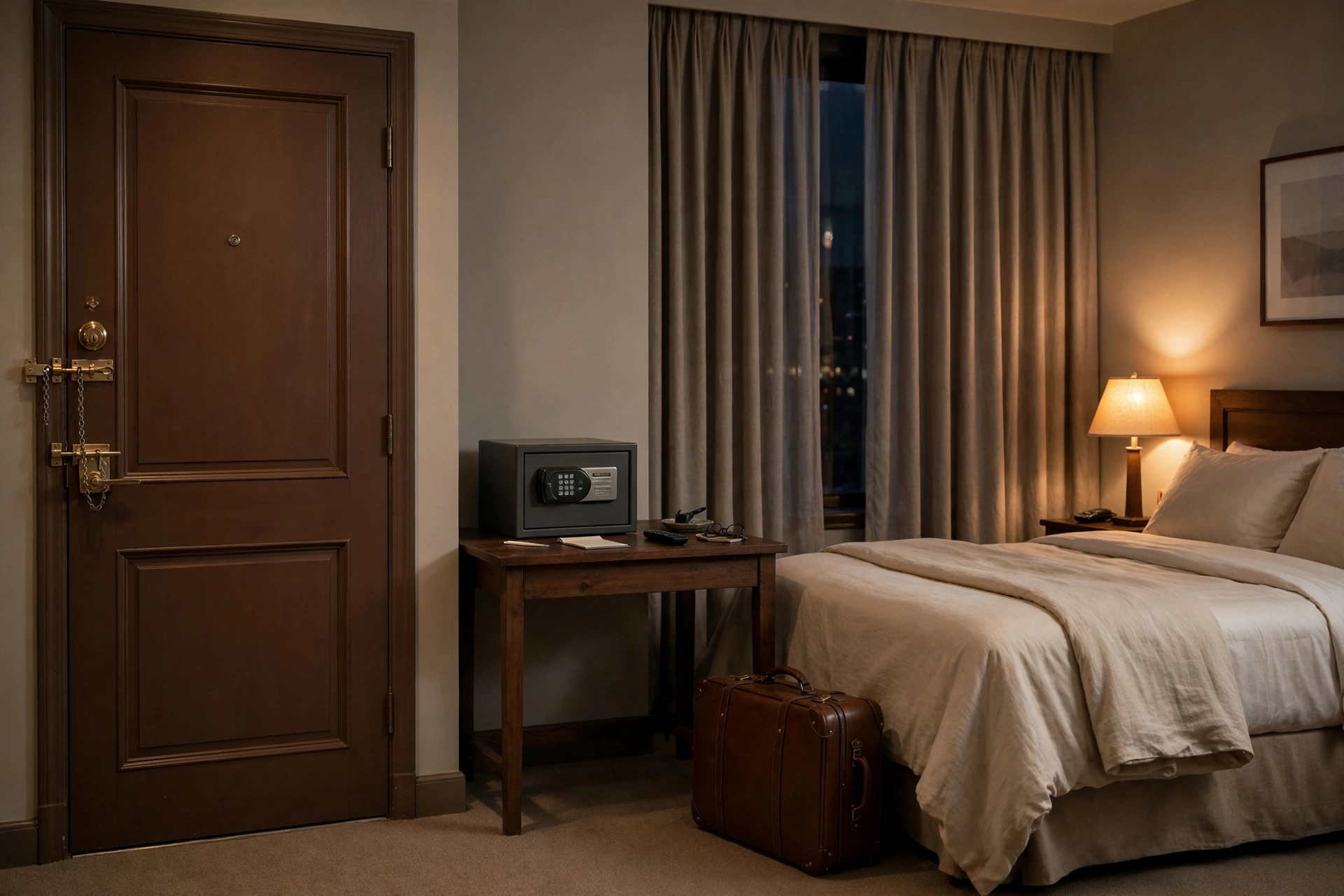 A hotel room door with a deadbolt and security latch, a small in-room safe, and a suitcase beside the bed