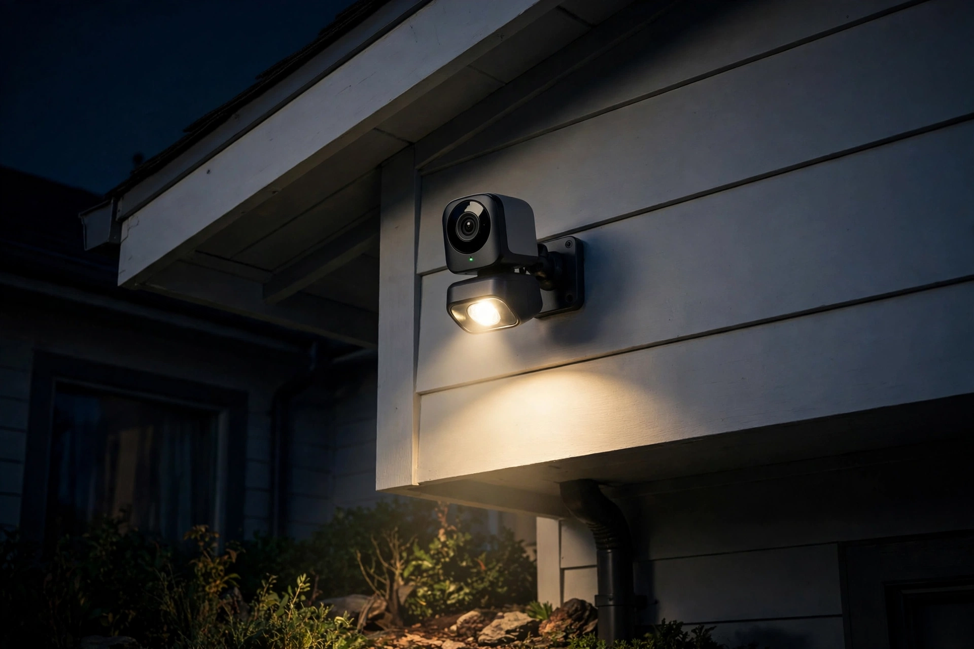 Wireless Arlo security camera on a house at night
