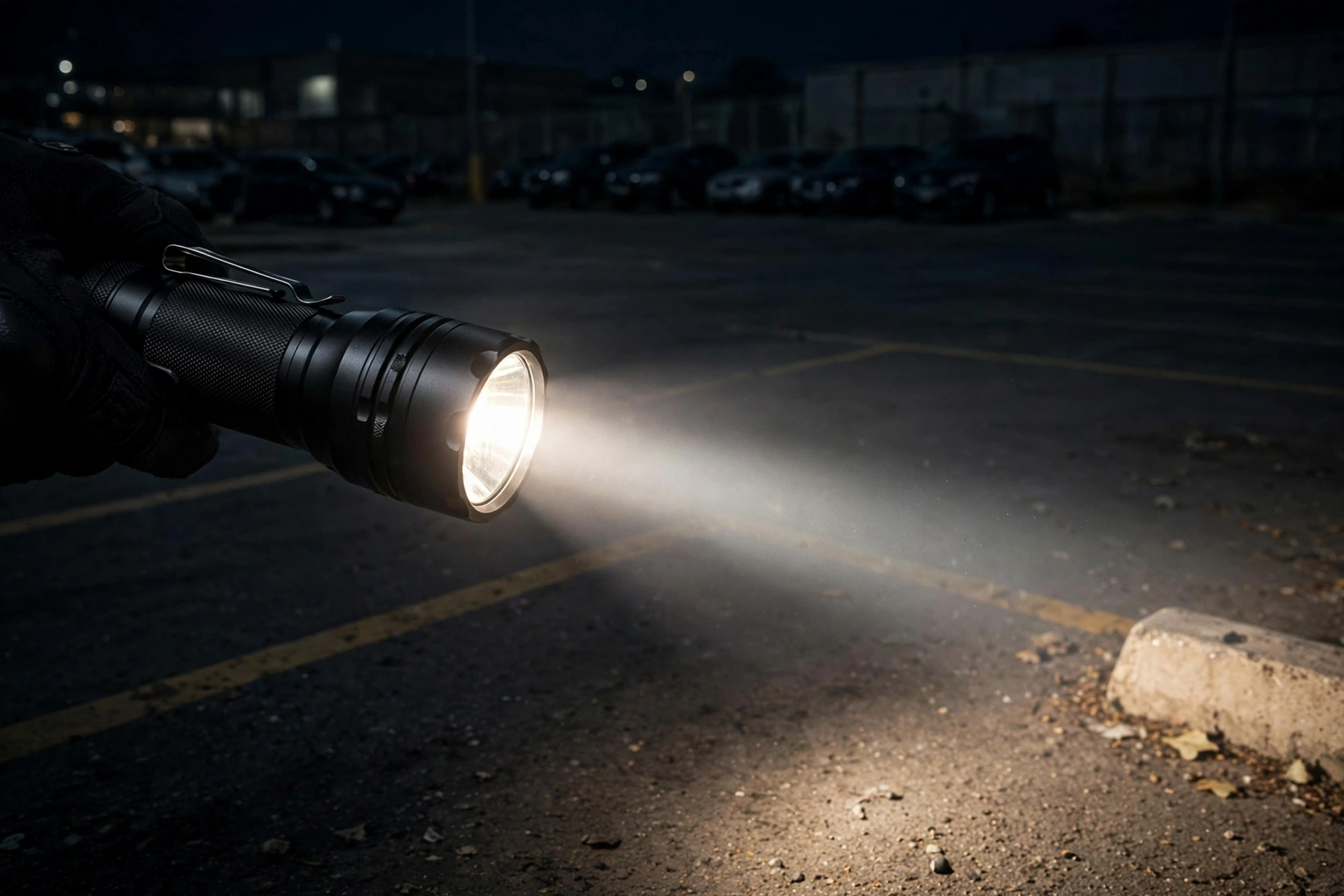 Duty flashlight beam in a dark parking lot at night
