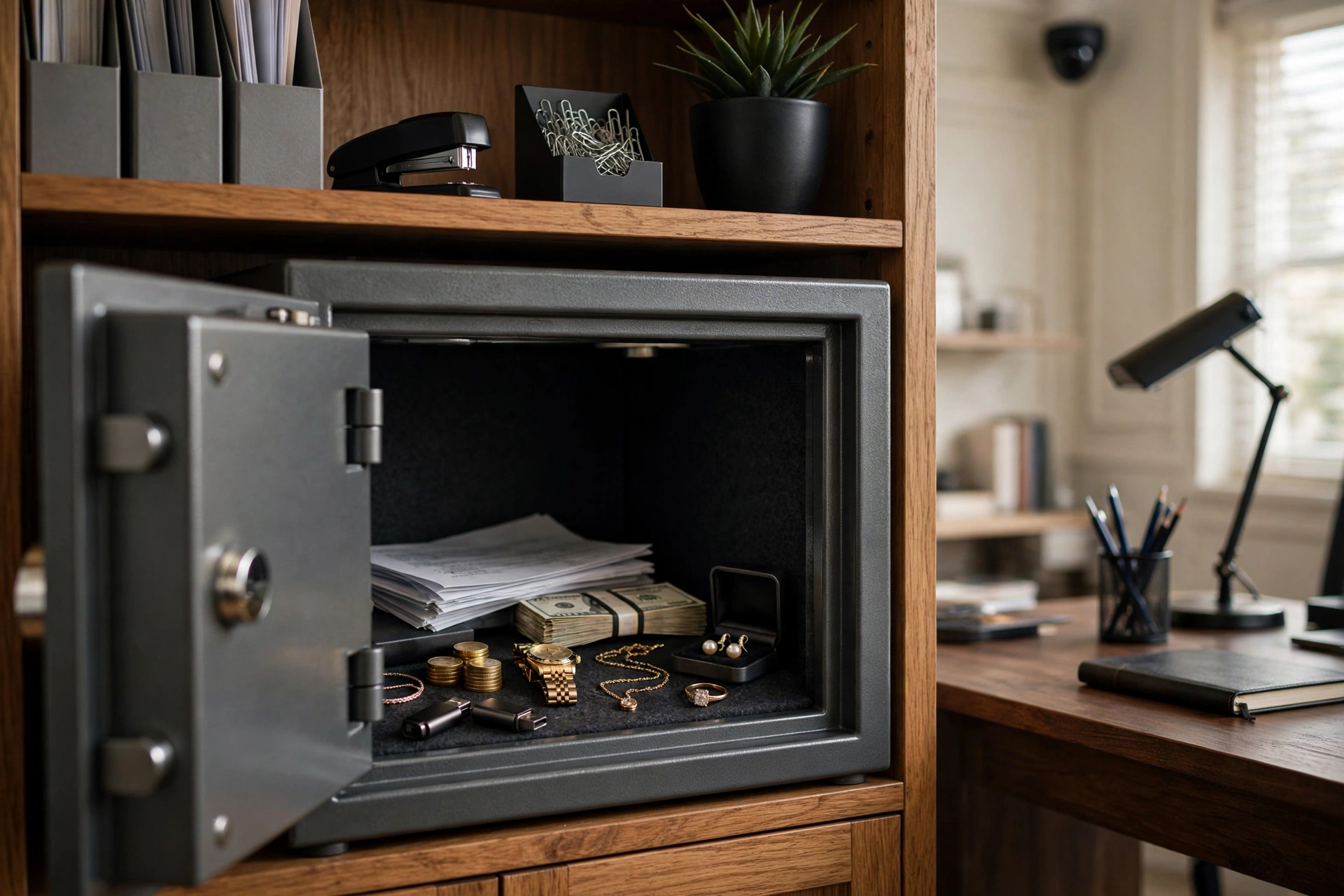 Steel home safe with documents inside