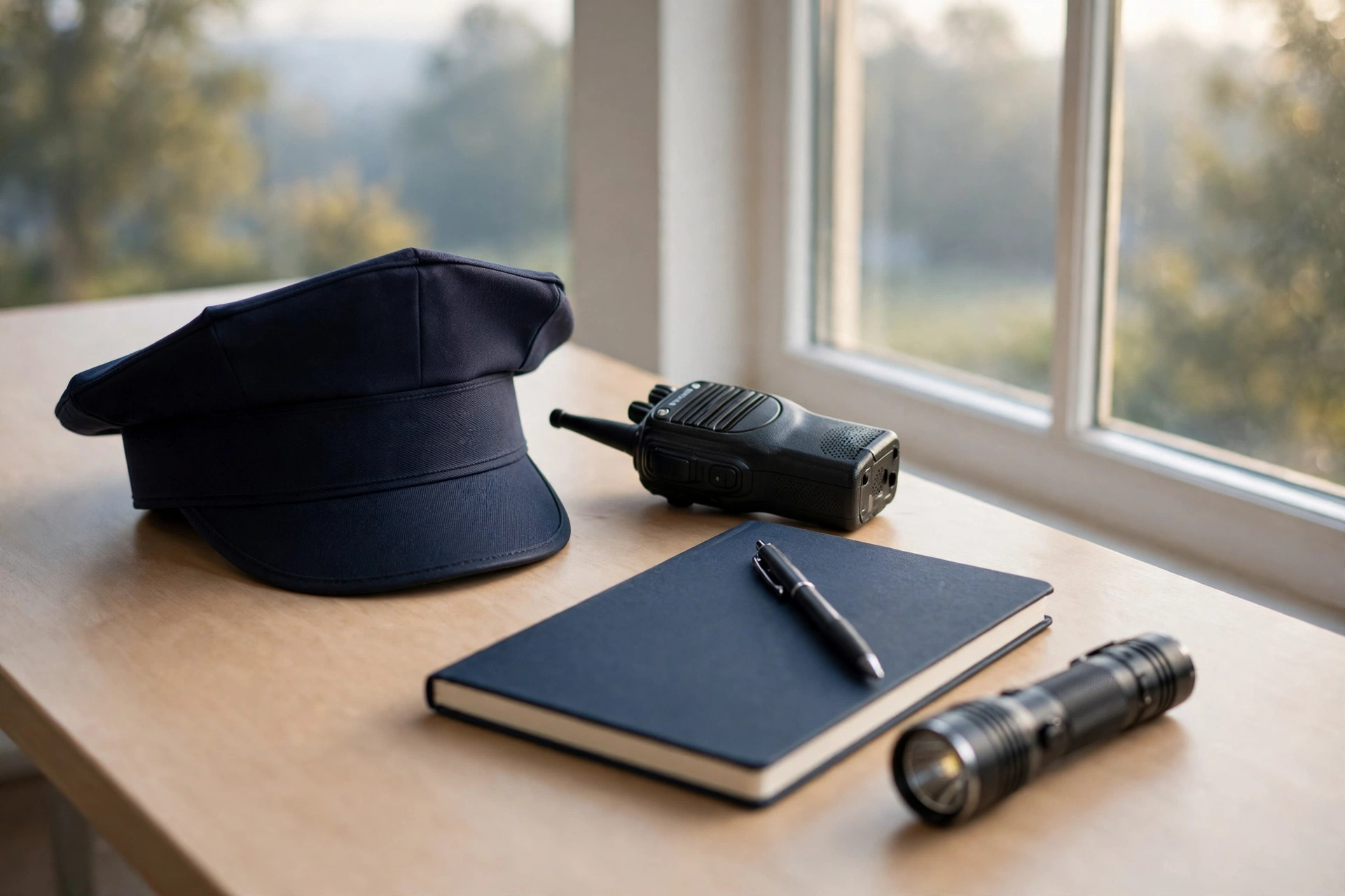 A security officer's desk at the start of a shift: uniform cap, radio, notebook, and flashlight in morning light