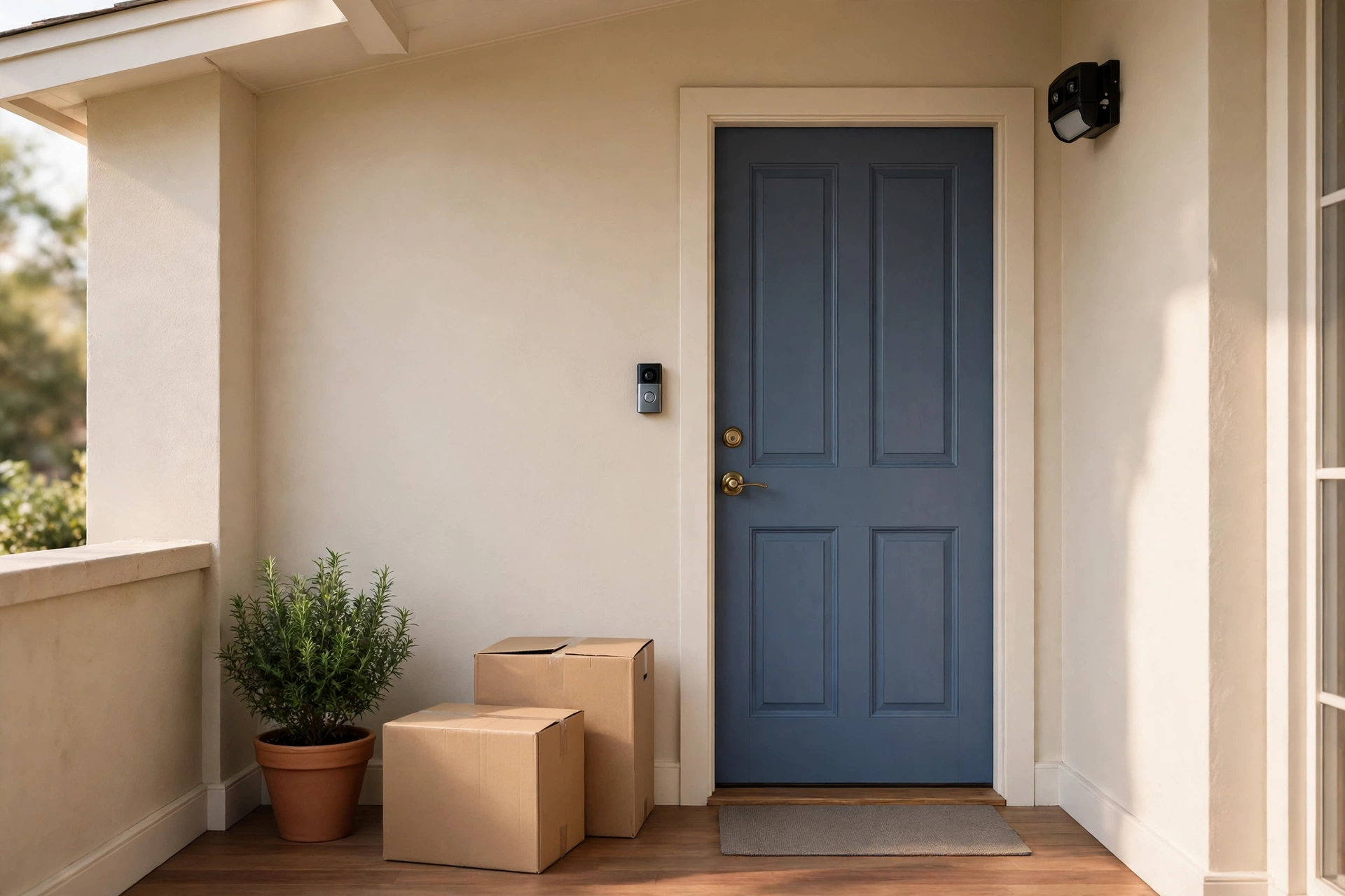 A front porch with delivery boxes beside the door, a video doorbell and a motion light