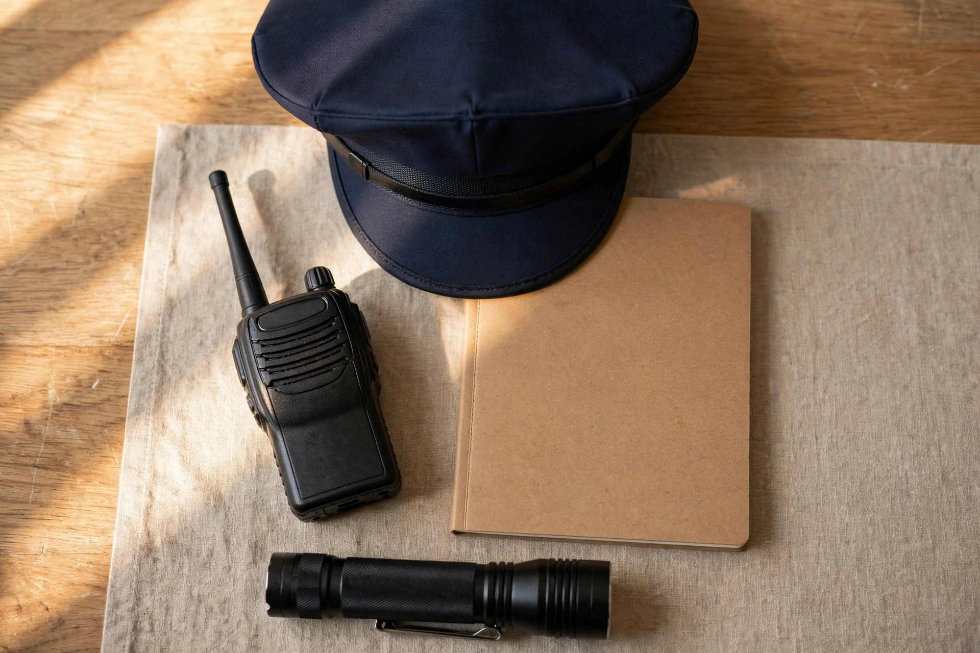 A security officer's gear laid out for a new shift: uniform cap, radio, notebook, and flashlight in morning light