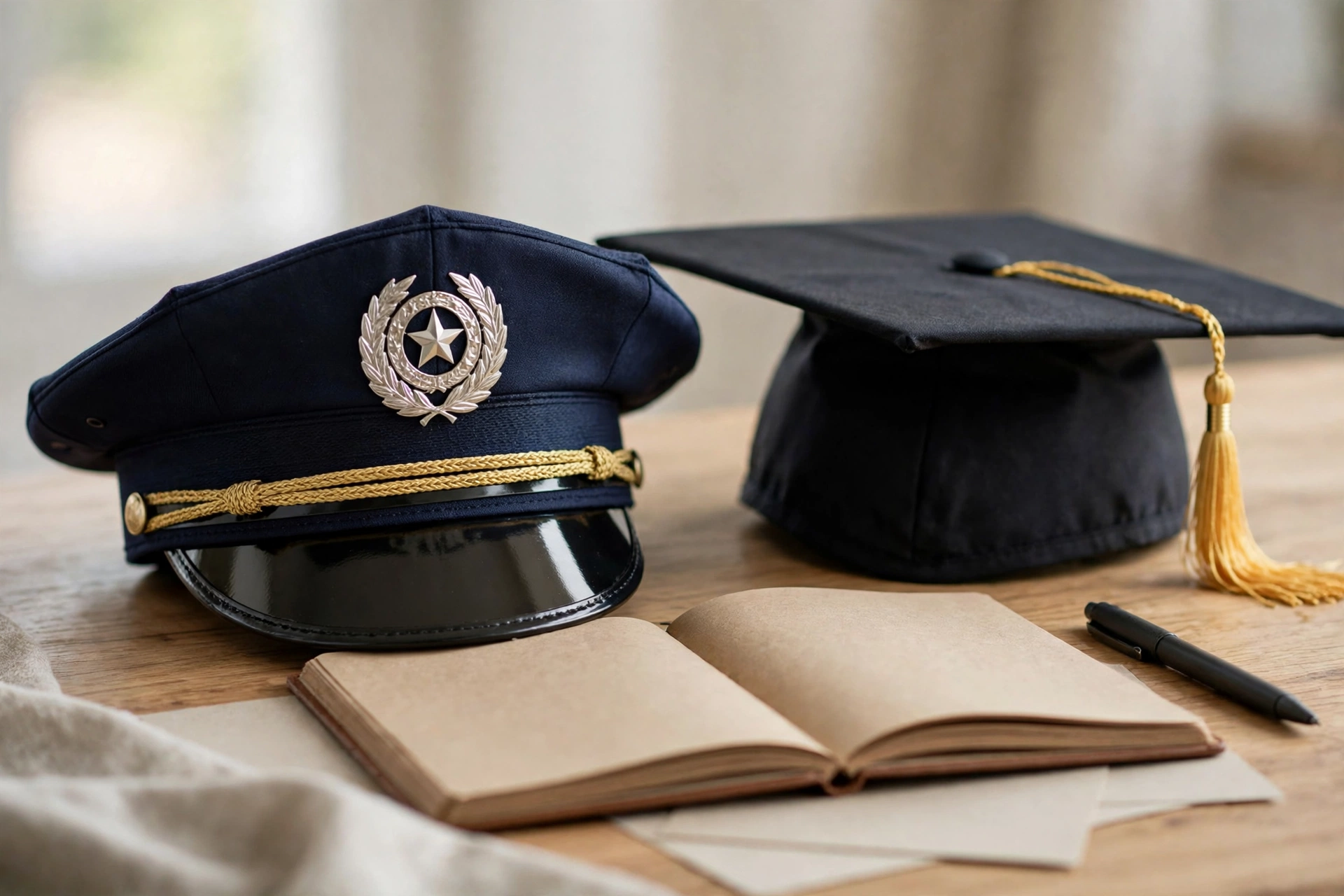 A security officer uniform cap beside a graduation cap on a desk, symbolising the degree question in security careers
