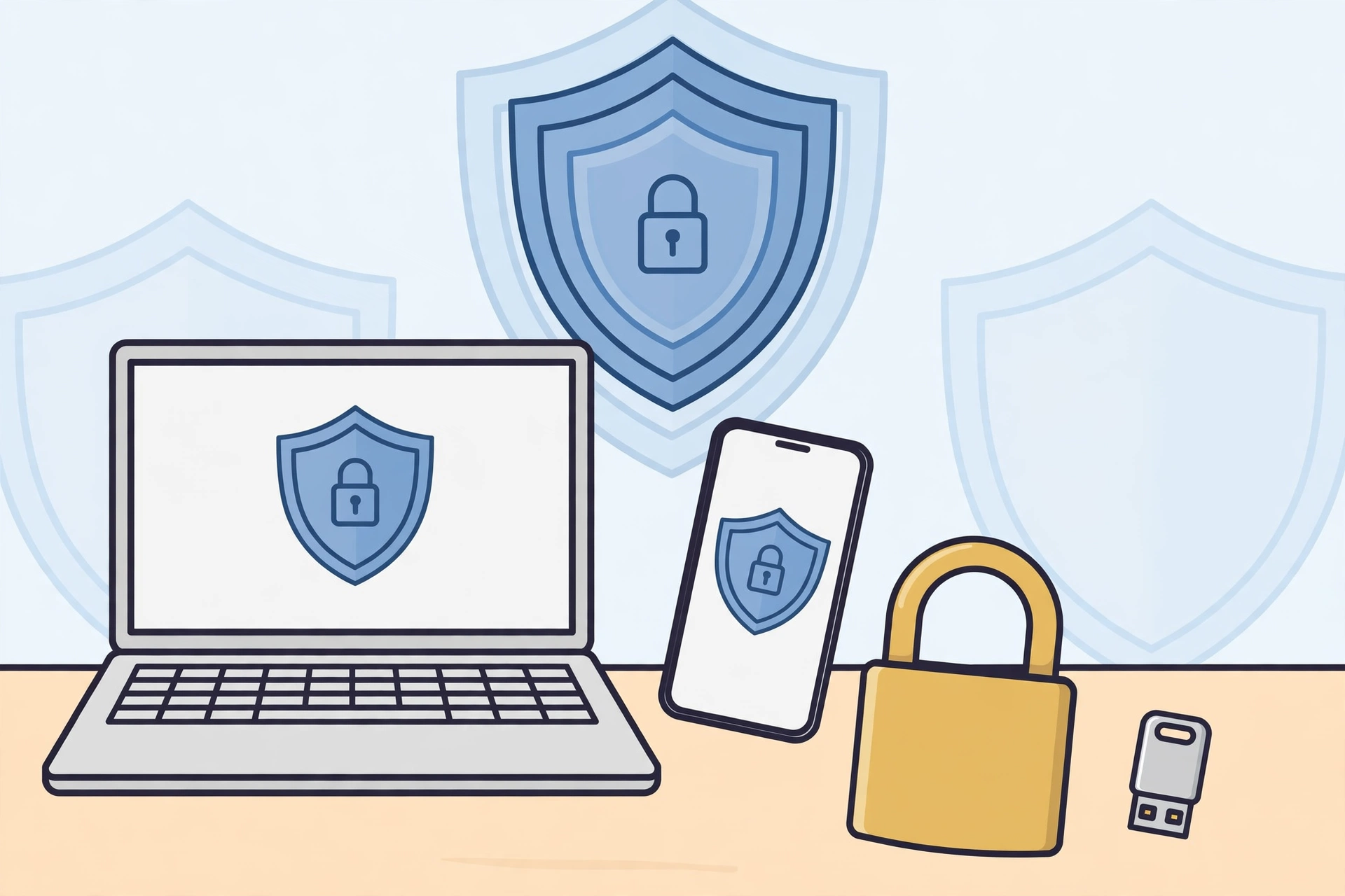 A laptop and smartphone on a desk with a padlock and a small security key, illustrating online account security