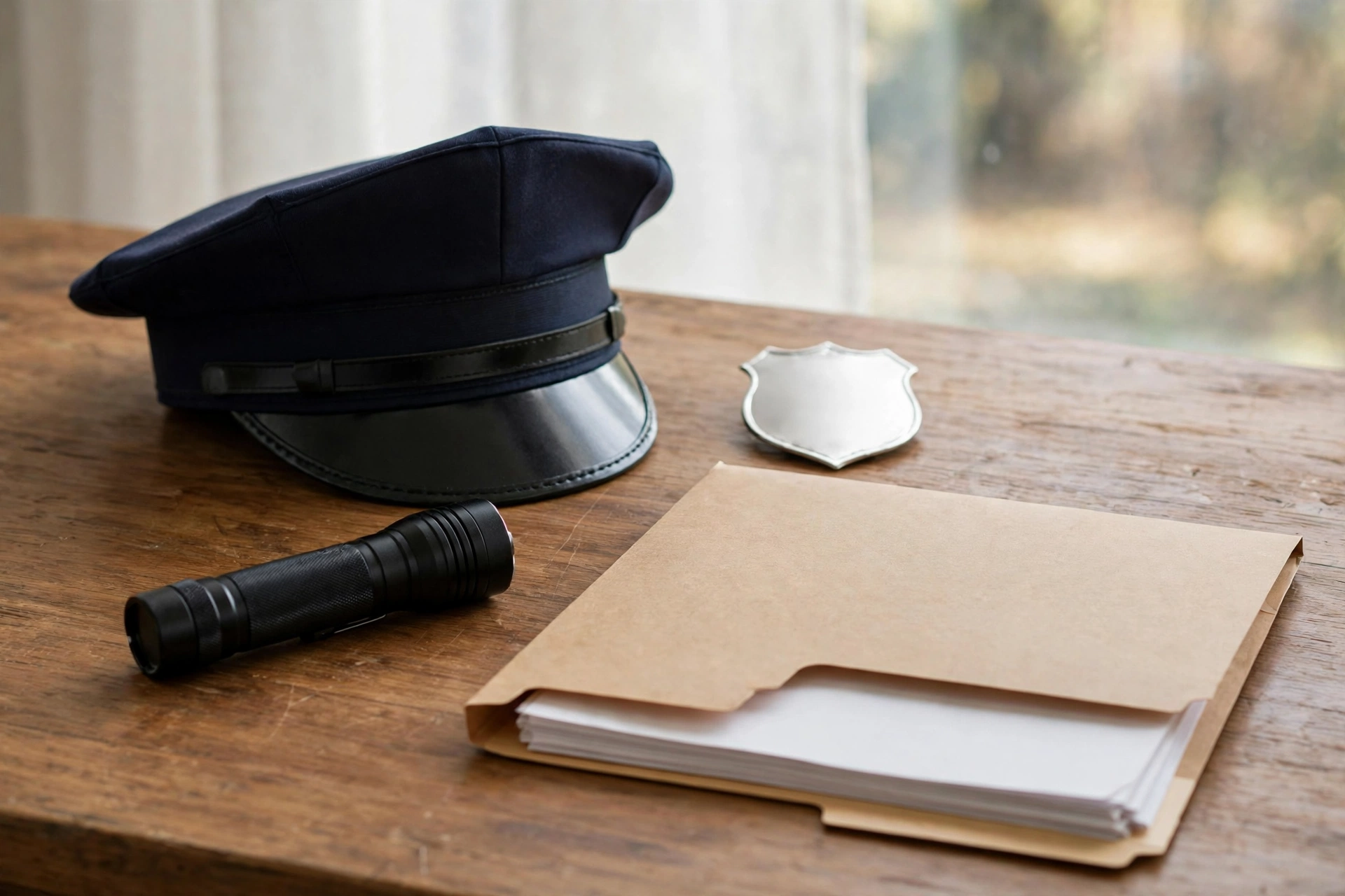 A security officer's cap, blank badge, flashlight and license paperwork on a desk
