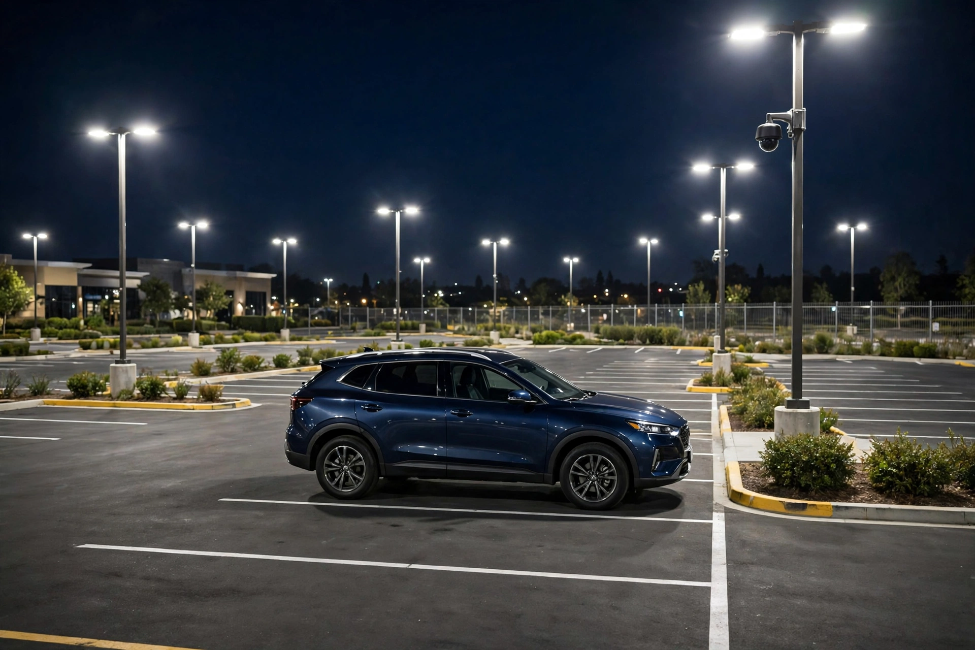 A car parked under bright lights in a well-lit parking lot at night