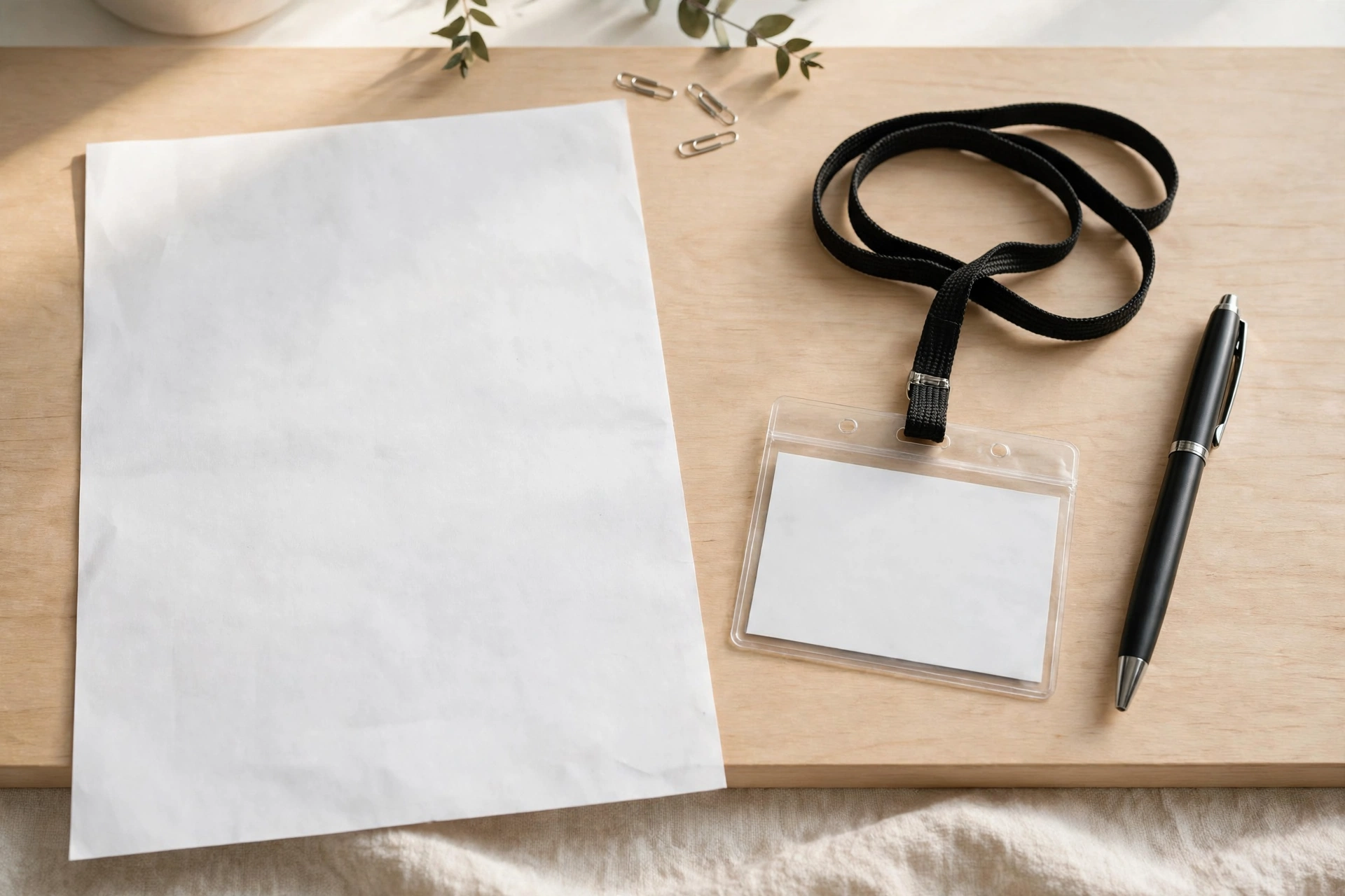 A printed resume, a blank security badge, and a pen on a desk