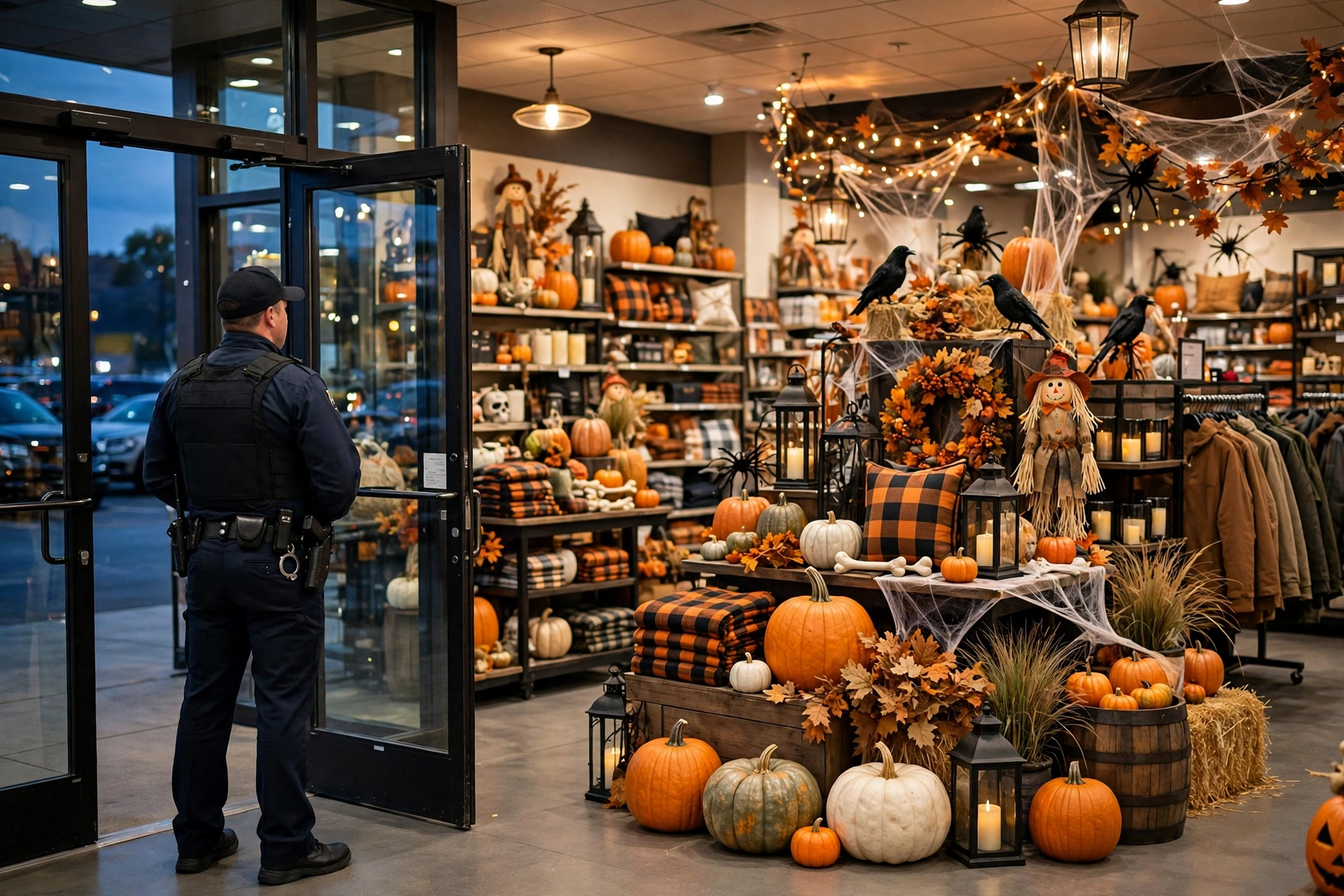 A security officer near a retail store entrance with Halloween seasonal displays on the sales floor