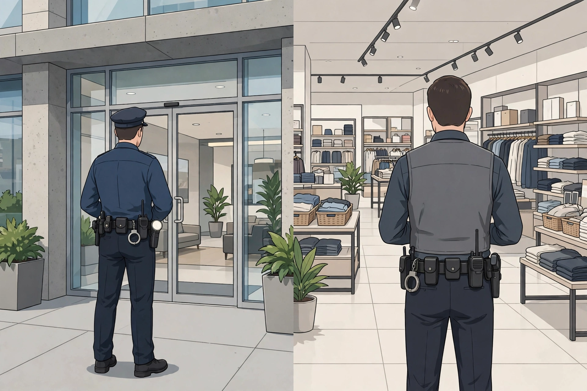 A security officer at a building entrance and a loss prevention officer on a store floor, seen from behind