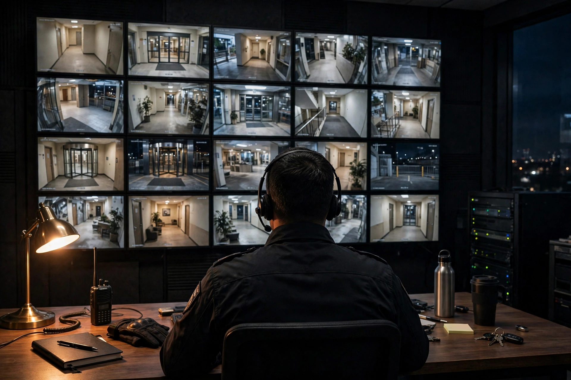 A security officer seen from behind watching camera monitors in a modern security operations room