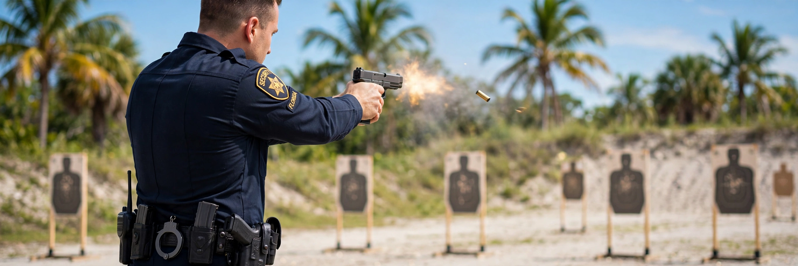 Armed security officer qualifying with a handgun on a Florida shooting range