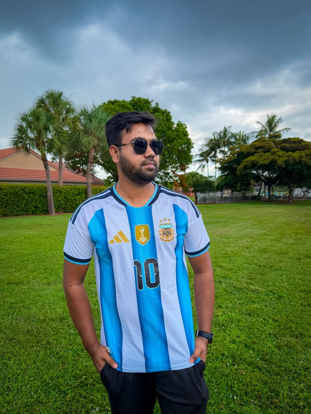 Toukir Islam in an Argentina jersey at a park in Florida